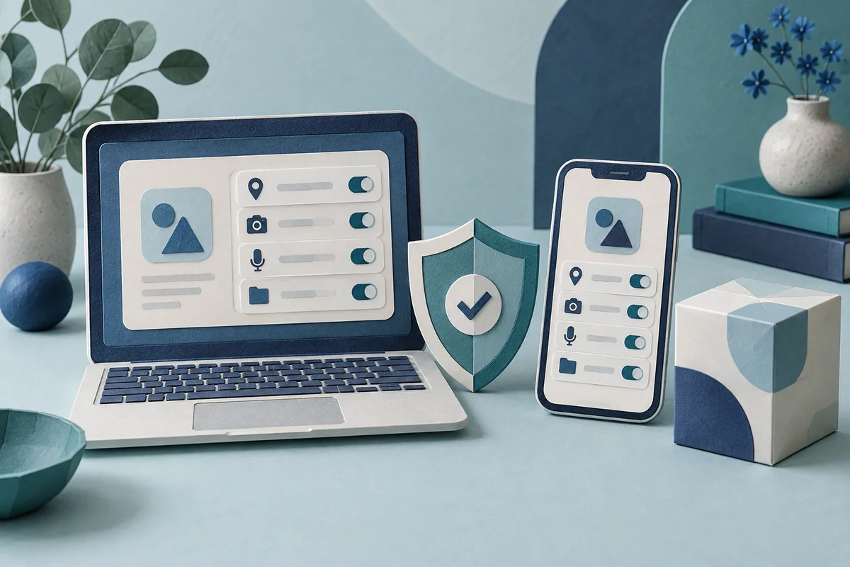 Скульптурные ноутбук и смартфон рядом с защитным щитом